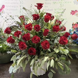 Red rose sympathy arrangement