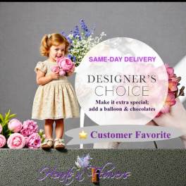 Promotional floral ad with a child holding pink flowers and a designer's choice message