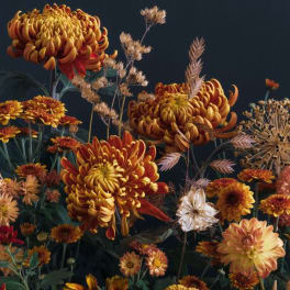 Orange and yellow chrysanthemum arrangement with dried accents on a dark background