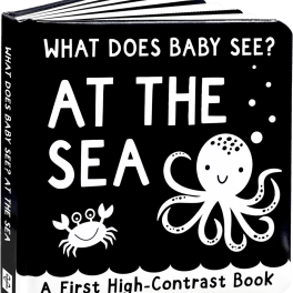 Black-and-white baby board book with an octopus and crab illustration