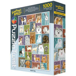 Box of a 1000-piece dog-themed puzzle with illustrated dog breeds