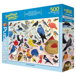 Box of a 500-piece bird puzzle with colorful bird illustrations