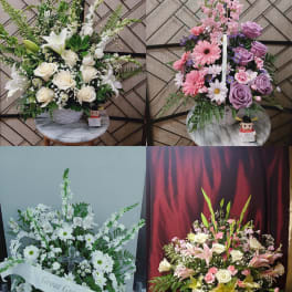 Four floral arrangements in baskets and vases, including white, pink, purple, and mixed blooms