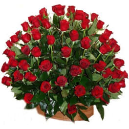 Basket of red roses with green foliage