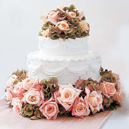 White tiered cake surrounded by pale pink roses