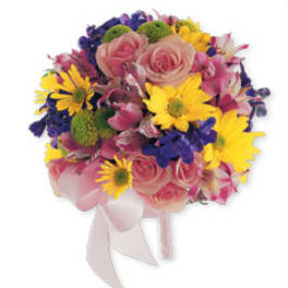 Hand-tied bouquet of pink roses, yellow daisies, and purple flowers with a pink ribbon