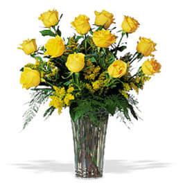 Yellow roses arranged in a tall glass vase