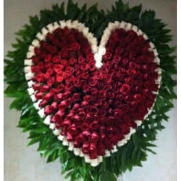 Heart-shaped red rose arrangement with white edging and green foliage