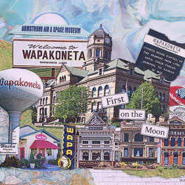 Collage of Wapakoneta landmarks and signs, including a water tower and courthouse.