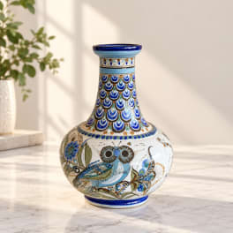 Decorative blue and white ceramic vase with owl and floral patterns