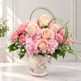 Pink and peach roses arranged in a floral vase with hydrangeas