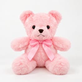 Pink plush teddy bear with a satin bow on a white background
