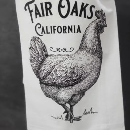 White tote bag with a black chicken illustration and Fair Oaks California text