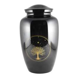 Black memorial urn with a gold tree design