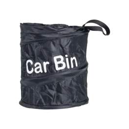 Black fabric car bin with a strap handle and white text