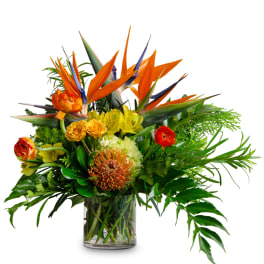 Tropical bouquet with orange bird-of-paradise and mixed blooms in a glass vase