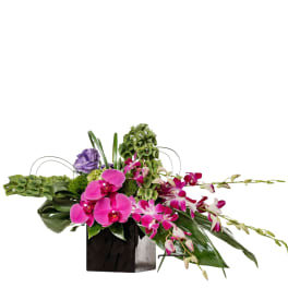 Pink and purple orchid arrangement in a dark square vase