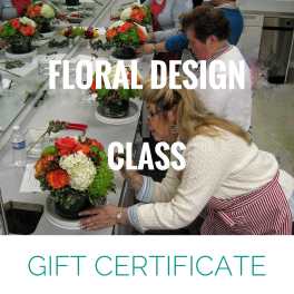 Floral design class gift certificate with people arranging flower centerpieces
