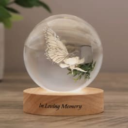 Butterfly and flower inside a clear glass orb on a wooden base
