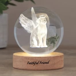 Glass orb figurine of a winged dog on a wooden base