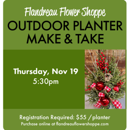 Poster for an outdoor planter workshop with a holiday planter photo