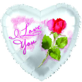 Heart-shaped foil balloon with a rose and "I Love You" text