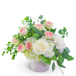 Pink and white roses in a white vase with greenery