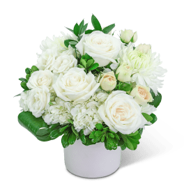 White roses and chrysanthemums arranged in a white vase