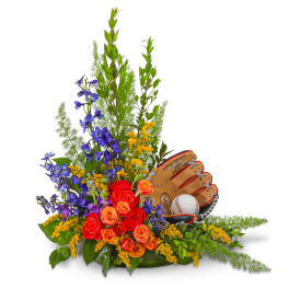 Baseball-themed bouquet with red and orange roses and a glove