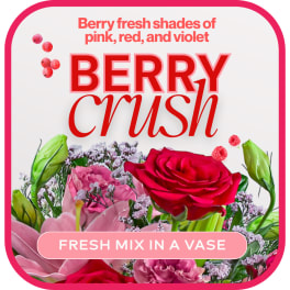 Berry-themed floral graphic with roses, lilies, and pink text
