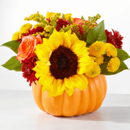 Sunflower and mixed flower arrangement in an orange pumpkin container