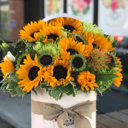 Sunflower bouquet in a white hatbox with a burlap bow