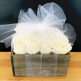 White roses in a rustic wooden box with a sheer tulle bow