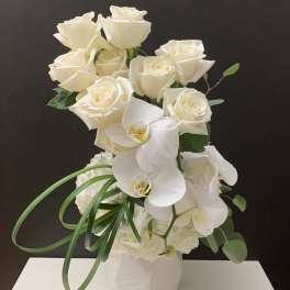 White roses and orchids arranged in a white vase