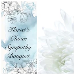 Sympathy bouquet graphic with white flowers and pale blue background