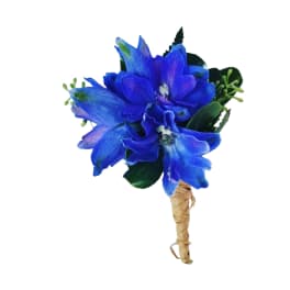 Blue flower boutonniere with dark green leaves and wrapped stem