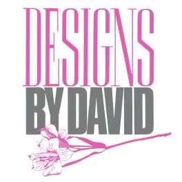 Graphic reading "DESIGNS BY DAVID" with a pink flower illustration