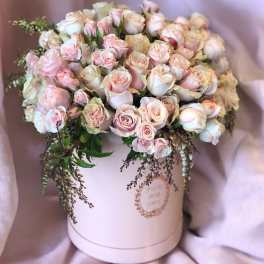 Pink and white roses arranged in a round hatbox