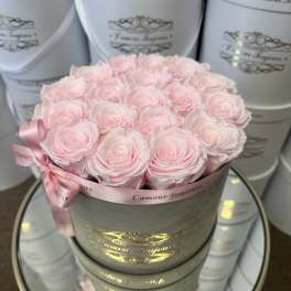 Round gray hat box filled with tightly packed light pink roses and tied with a pink ribbon.