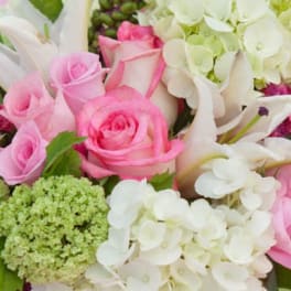 Pink roses and white lilies with hydrangeas in a bouquet