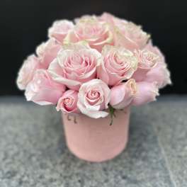 Pink roses arranged in a blush pink box