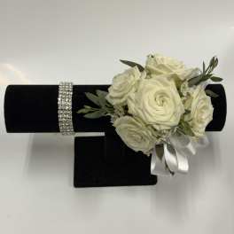 White Spray Rose Corsage with Silver Rhinstone Wristlet