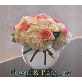 Pink roses and white hydrangeas in a clear glass vase with a black ribbon