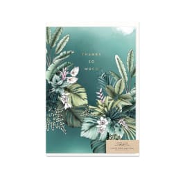 Teal thank-you greeting card with tropical leaves and flowers