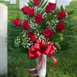 DOZEN RED ROSES IN CEMETERY CONTAINER - RED [TT-ANC12RED]