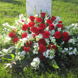 Red roses and carnations arranged at a gravestone with white flowers