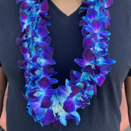 Blue and purple orchid lei worn around a black shirt