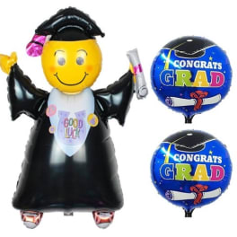 Graduation-themed balloons with a smiling graduate figure and two round congrats balloons
