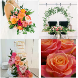 Collage of pink and orange rose arrangements, including a bridal bouquet and wedding decor.
