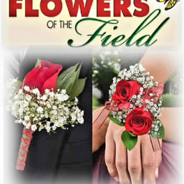 Promotional graphic showing red rose boutonnieres and the text "Flowers of the Field"